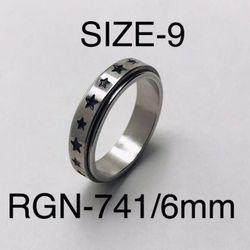 Stainless Steel Star Carved Spinner Ring Band For Men & Women with: RGN-741/Size-9