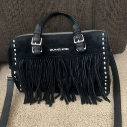 Rare Michael Kors Black Suede Satchel Style Bag w/ Flowing Fringe & A Long Strap