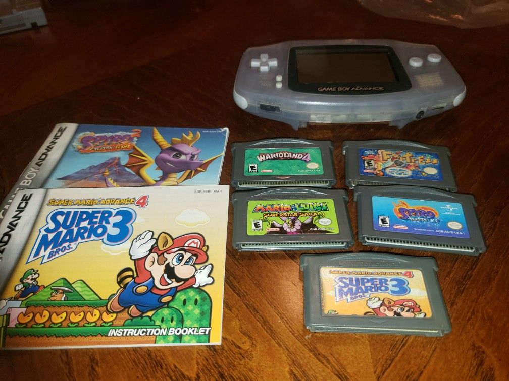 Original Nintendo Gameboy Advance Bundle AGB 001 Glacier Purple Clear Mario And Luigi Superstar Saga Wario Land 4 Super Mario Bros 3 Spyro Fortress