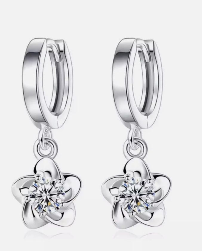 Silver Plated Dangle Drop Flower Hoop Earrings With Cubic Zirconia For Women
