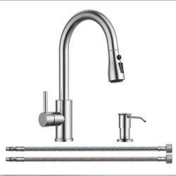Forious pro
Single-Handle Pull Down Sprayer Kitchen Faucet with High-Arc Kitchen Sink Faucet with Soap Dispenser in Stainless Steel
