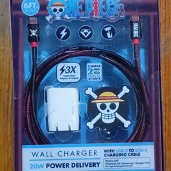 One Piece Themed 6ft Wall Charger With Jolly Pirate USB C 20watt New