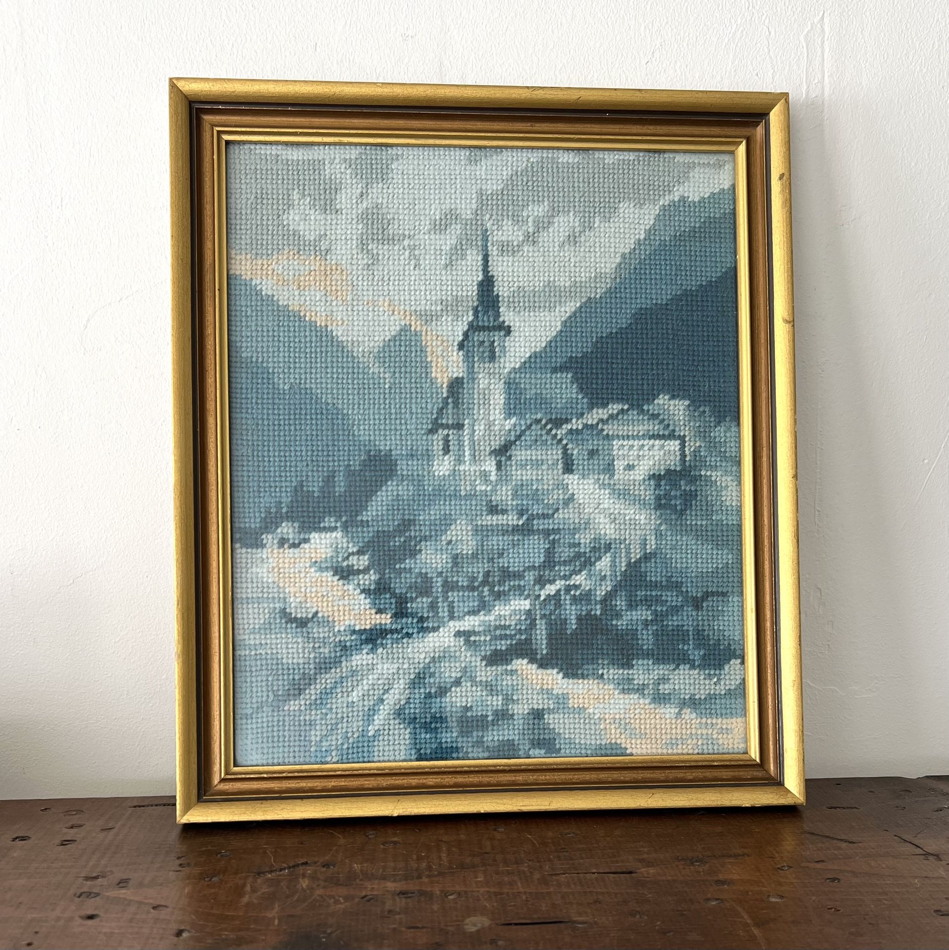 Vintage Framed Needlepoint Castle Landscape Approx. 12” x 14” As Framed