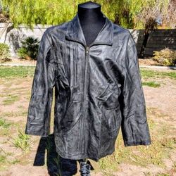 Vintage Black Men's Medium Zhou Zi Zip-Up Leather Racer Bomber Jacket Coat GUC