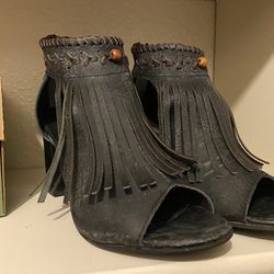 Roper Treated Leather Zip Back Mule Sexy Heels With Fringe - Size 8