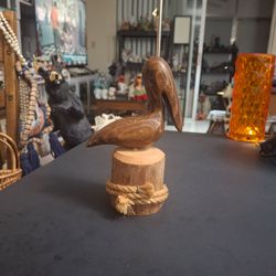 Hand Carved Wooden Pelican Perched On Wooden Piling Wrapped In Rope, Folk Art Nautical Decor 7.5" Tall