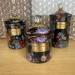 RETIRED-MacKenzie-Childs Black Flower Market Canisters Set of 3 NEW w/Safety BOX