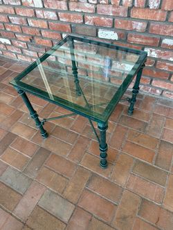 Vintage After Giacometti Verdigris Green Finish Wrought Iron Glass Top Table