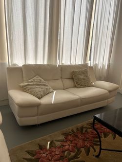 Cream Leather Three-Seat Sofa
