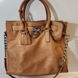 Michael Kors Large Hamilton Handbag Tan Leather Snake Embossed Twin Handles FOB