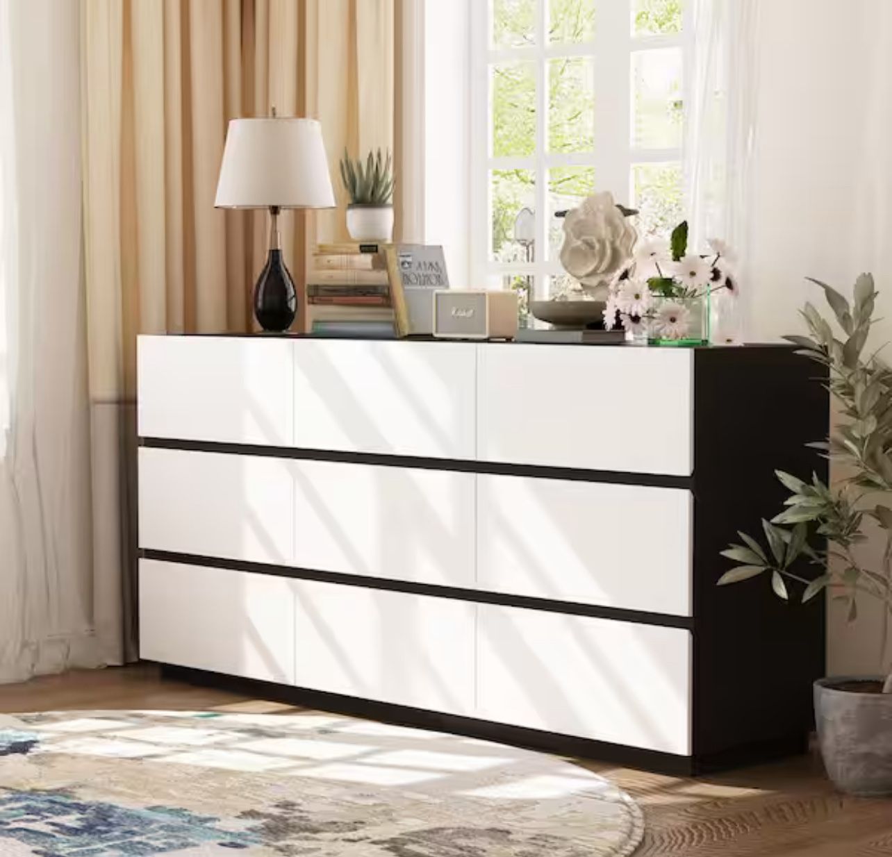 FUFU&GAGA Black and White 9-Drawers 63 in. Width Wooden Bedroom Storage Dresser, Chest of Drawers, Storage Cabinet KF260080-01AA