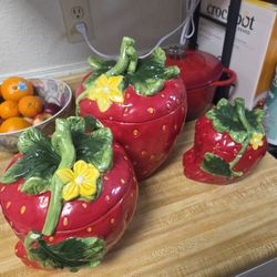 Set Of Strawberry Jars Or Canisters
