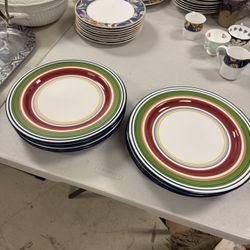 8 Pottery Barn Espadrille Stripe dinner plates.