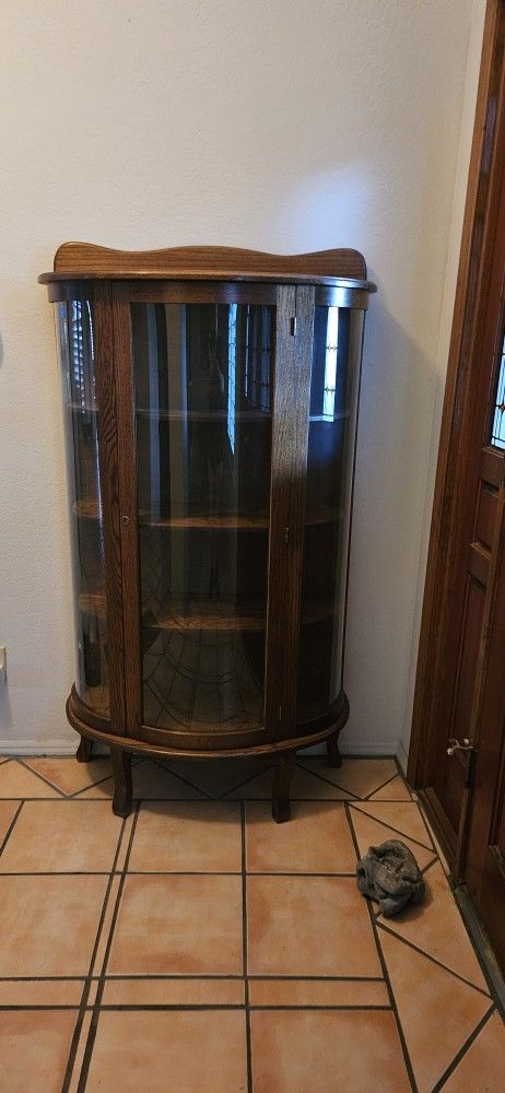 Antique Oak Curved Glass Curio Cabinet~Locks!!