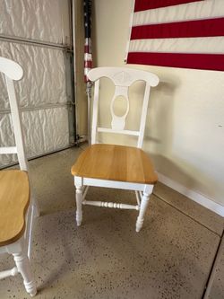 2 Solid wood white dining chairs with oak accent