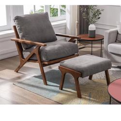 Mid Century Arm Chairs and Ottomans, Upholstered Accent Armchair with Wood Frame and Canvas Cushions, Leisure Slipper Chair for Living Room/Bedroom, b