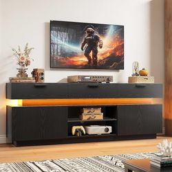 B962 $120  Black TV Stand for TVs 85 inch, Entertainment Center with Power Outlets & LED Lights, TV Media Console Table with Cabinets, Drawers and Ope