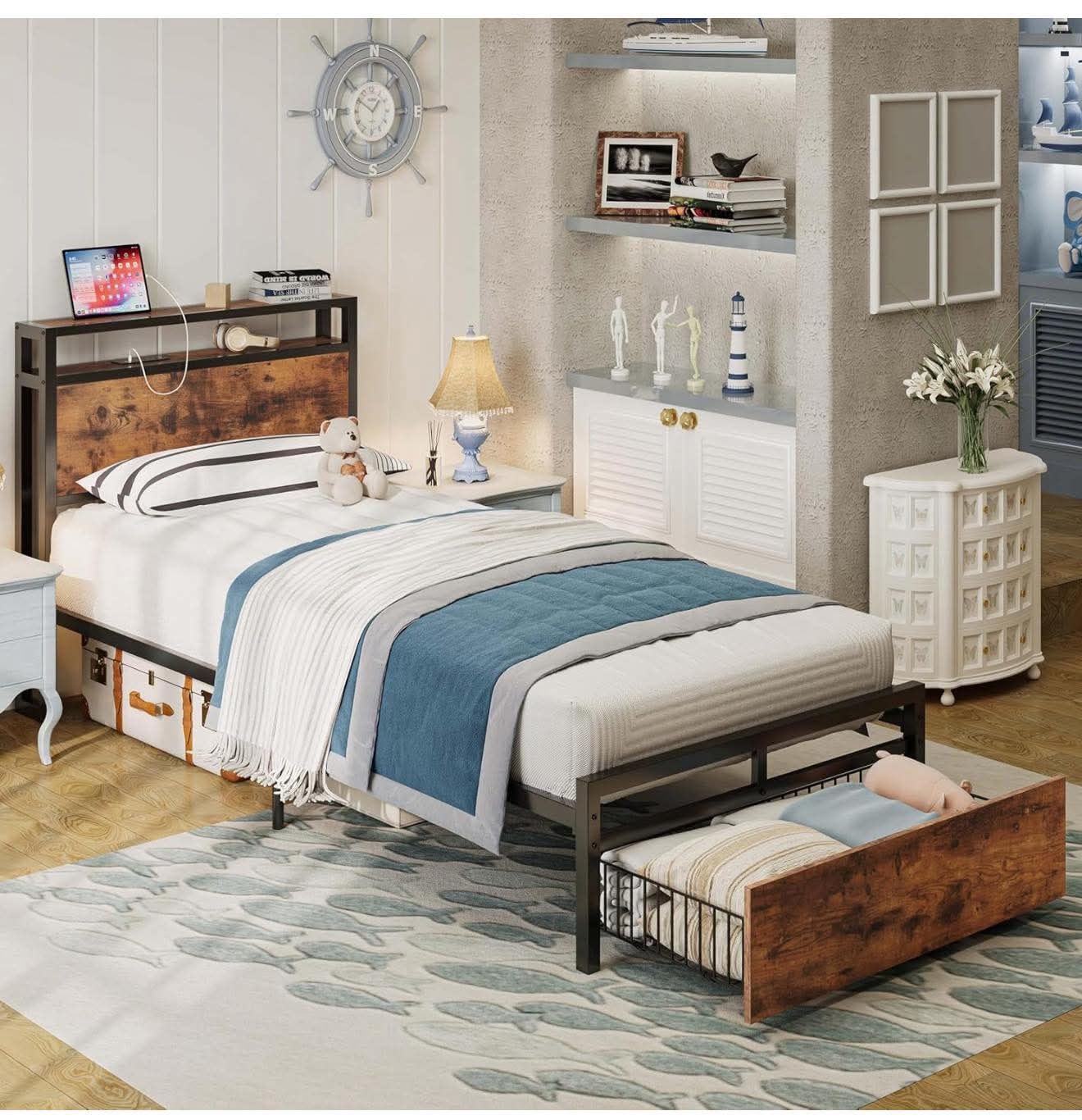 Twin XL Bed Frames with Drawer, Storage Headboard with Outlets, Easy Assembly, Vintage Brown V-2