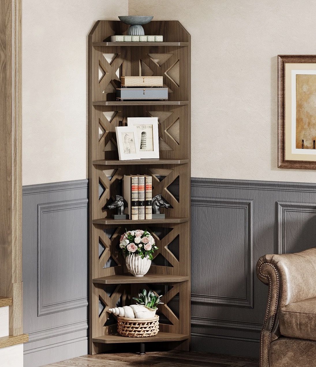 NY276 70.8" Corner Shelf, 6-Tier Corner Bookcase Display Shelves Plant Stand
