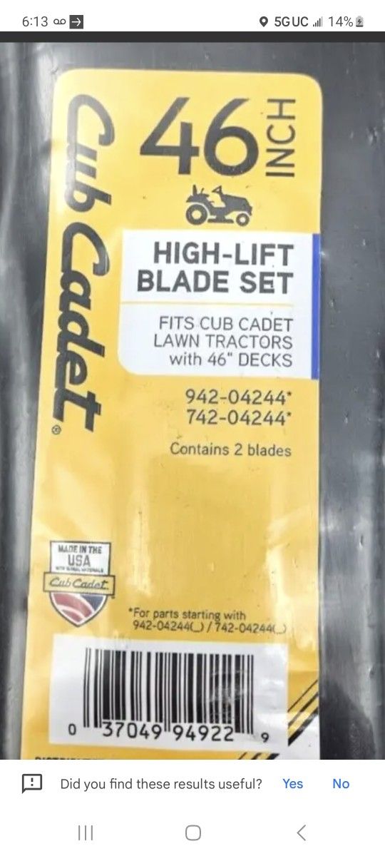 HIGH-LIFT BLADE SET

FITS CUB CADET LAWN TRACTORS with 46" DECKS