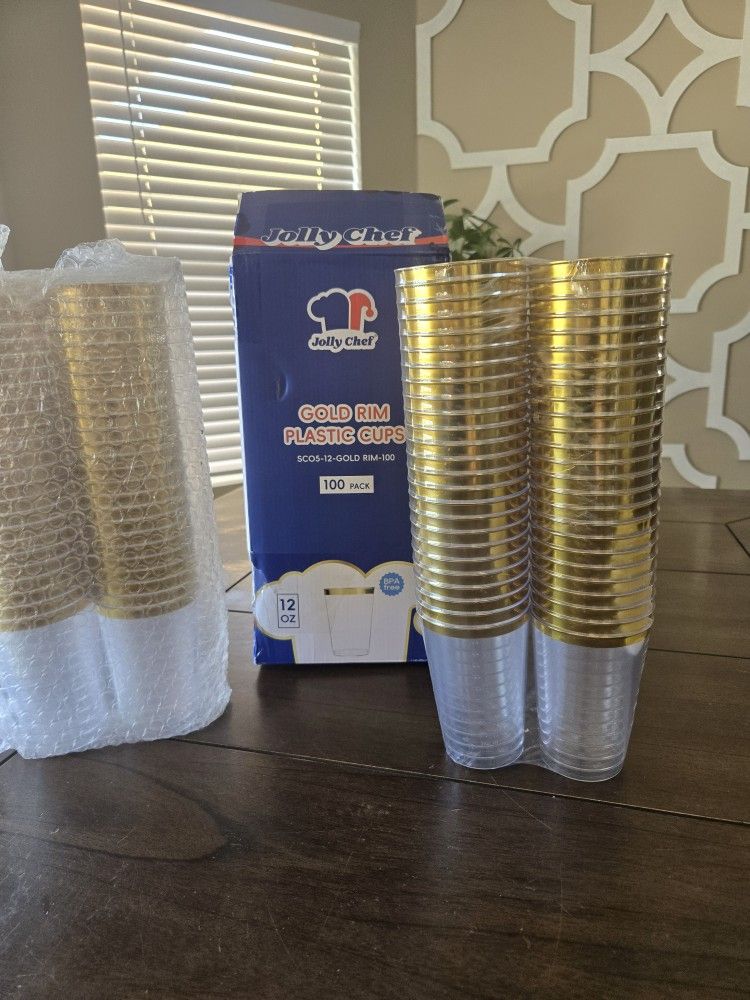 100 Pack Gold Plastic Disposable Cups, 12 oz Clear Elegant Gold Rimmed