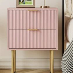 ADORABLE PINK SIDE TABLE BRAND NEW 2 DRAWERS OPEN CLOSE SMOTHLY GOLD METAL LEGS