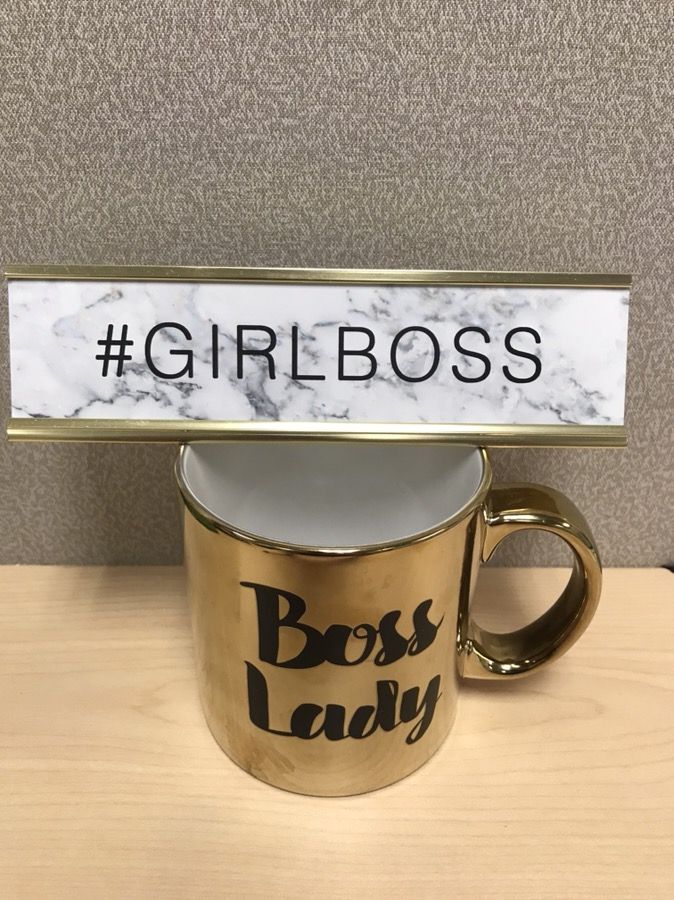 Boss Lady and Girl Boss desk accessories. Cup and desk plate.