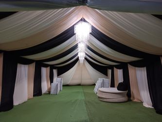 Tent, Drapery, Fake Grass, Tables & Chairs