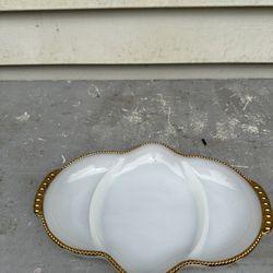Vintage Fire King Oven Ware 11" 3 Compartment White Milk Glass Dish Gold Edge