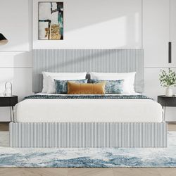 King Bed Frame, Corduroy Upholstered Platform Bed, Adjustable Vertical Channel Tufted Headboard, Modern Low Profile Frame, No Box Spring Needed, Easy 