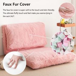Folding Matress Sofa Bean Bag Bed, Foam Filling Folding Matress Sofa, Includes Removable and Machine Washable Cover, Soft Premium Faux Fur (Pink)