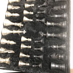 Antique Heavy  Metal Pewter Chess And Wood Board