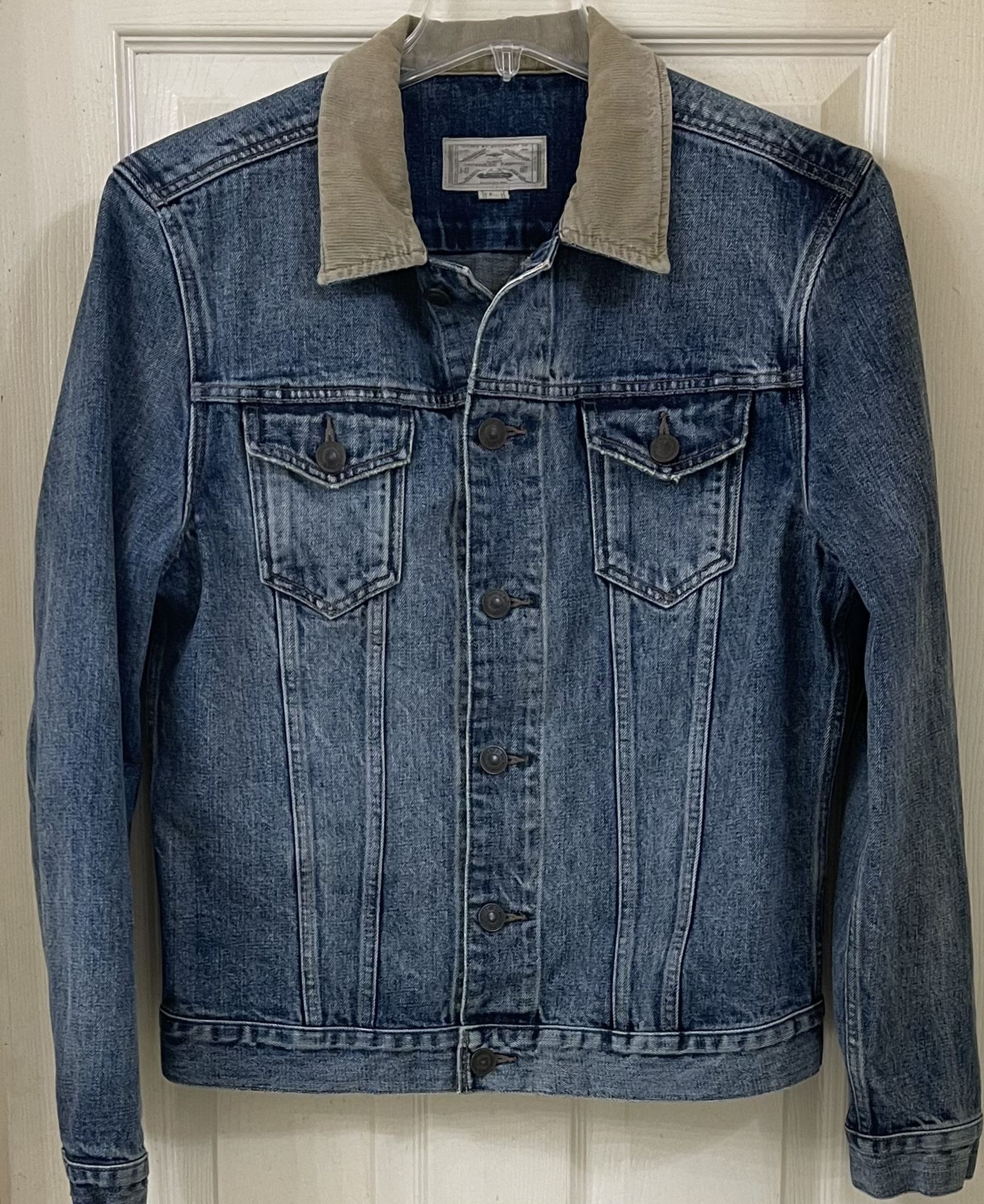 AllSaints Japanese Fabric Men Medium Blue Denim Corduroy Collar Trucker Jacket L