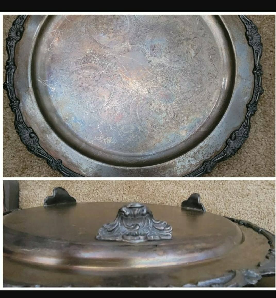 Vintage Etched Footed continental silver tray Vanity Nightstand Teapot holder