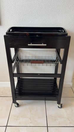 Black Rolling Bar Cart with Drawer & Wire Basket