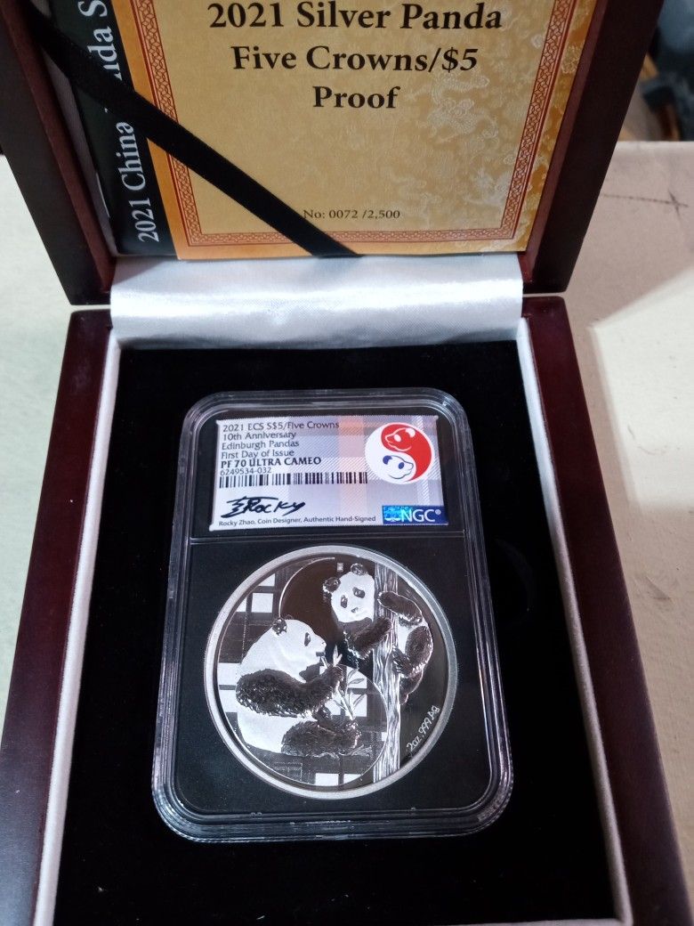 2021 ECS S$5 10th Anniversary Edinburgh Pandas 2oz - Graded PF 70 Ultra Cameo Silver Proof Coin