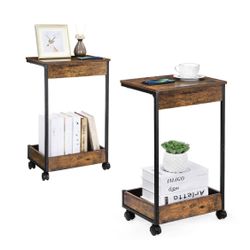 2-Tier Rolling End Table with Lockable Wheels (Set of 2) - Brown