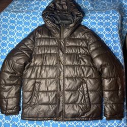 Tommy Hilfiger Puffer Jacket Mens Size Large Brown Faux Leather bubble coat puff