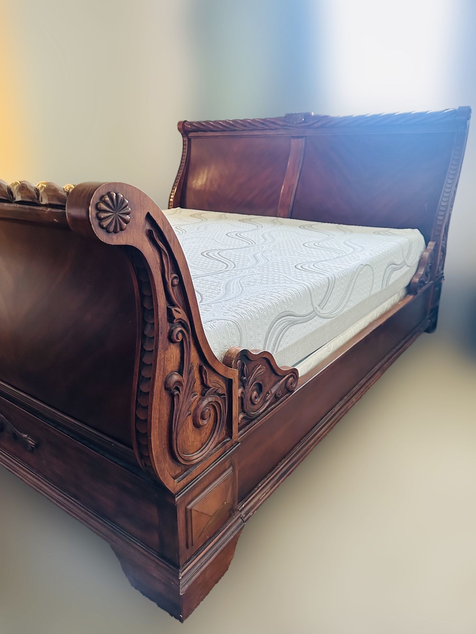 King Sleigh Bed Frame – Solid Hand-Carved Oak