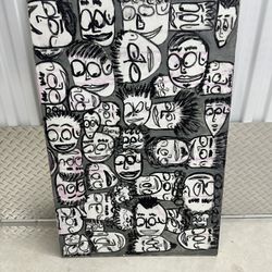 Faces Crowd – Original Abstract Portrait Painting, 24x36”, Black, White & Pink, 2016