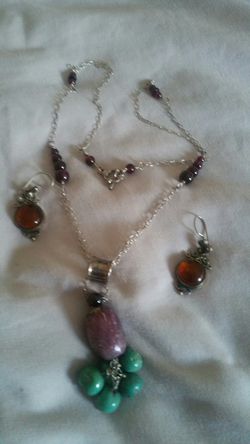 Sterling Silver 925 necklace with genuine stones & amber earrings