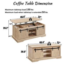 ✌️ 46" Fluted Lift Top Coffee Table with Sliding Door, Modern Center Table w/Adjustable Storage Shelf & Hidden Compartment, Office, Natural