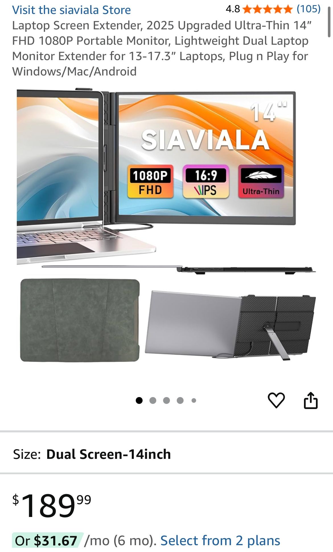 Lightweight Dual Laptop Monitor Extender for 13-17.3” Laptops, Plug n Play for Windows/Mac/Android