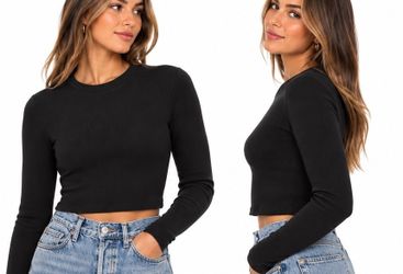 Aritzia TNA Glendale Waffle Long Sleeve Crop Top Black S