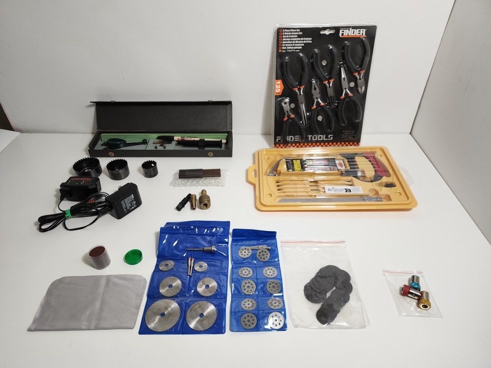 Plier Set, Steel Hacksaw, Cutting Saws Disc. Drill Head Screwdriver, &E Doric Lettering Set. BLACK+DECKER