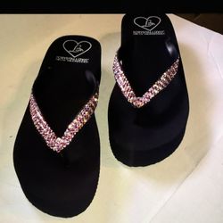 LADY LANELLS Crystallized W/Swarovski Crystals Black Platform Designer Flipflops  