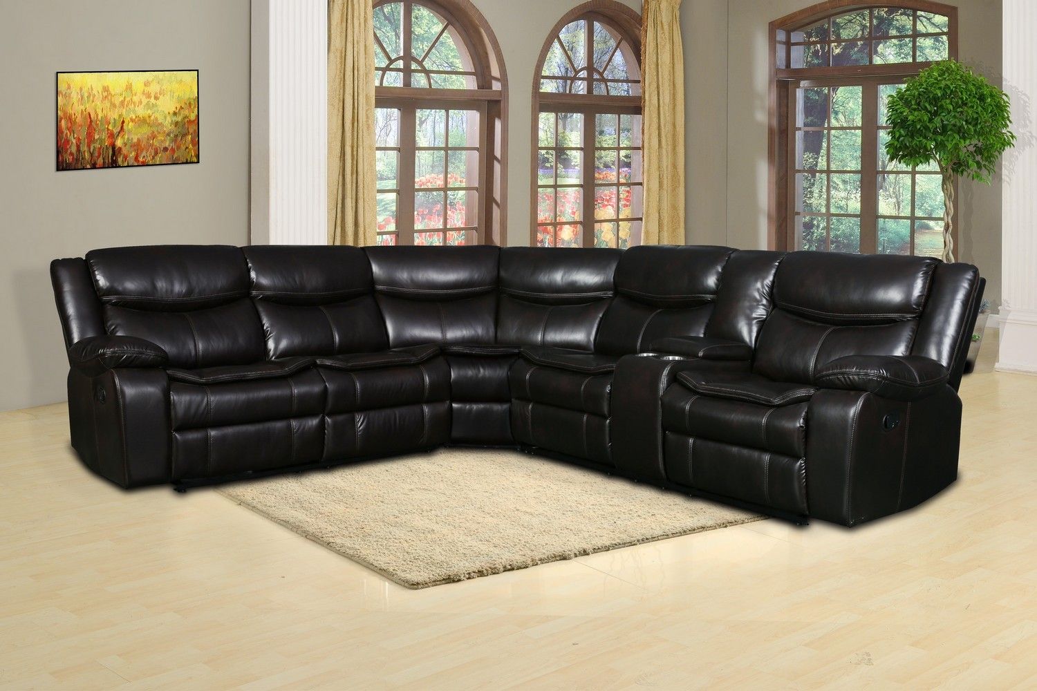 Brown Leather Sectional With 3 Manual Recliners