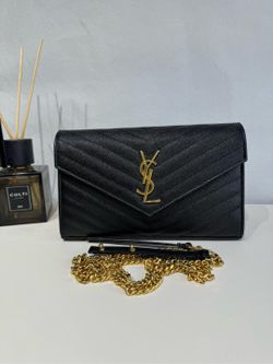 SAINT LAURENT Cassandre Classic Black/Gold Grained Leather Chain Wallet New