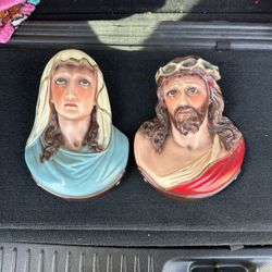 Vintgae Jesus and Mary wall statues 9”H  X  7”W