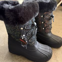 THERMO Lite BLACK Glittery RUBBER BOOTS SIZE 6 Zip NWT